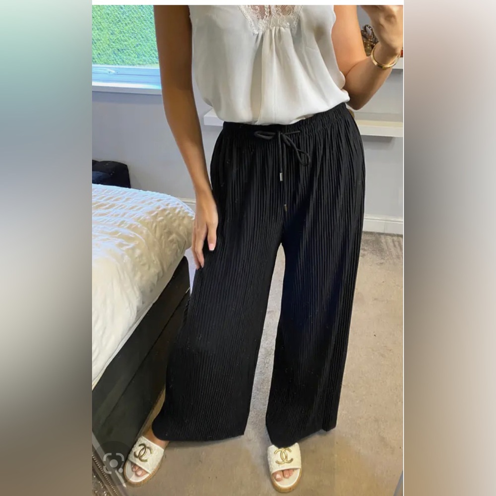Black Wide Leg Semi Sheer Pleated Pallazo Pants OS